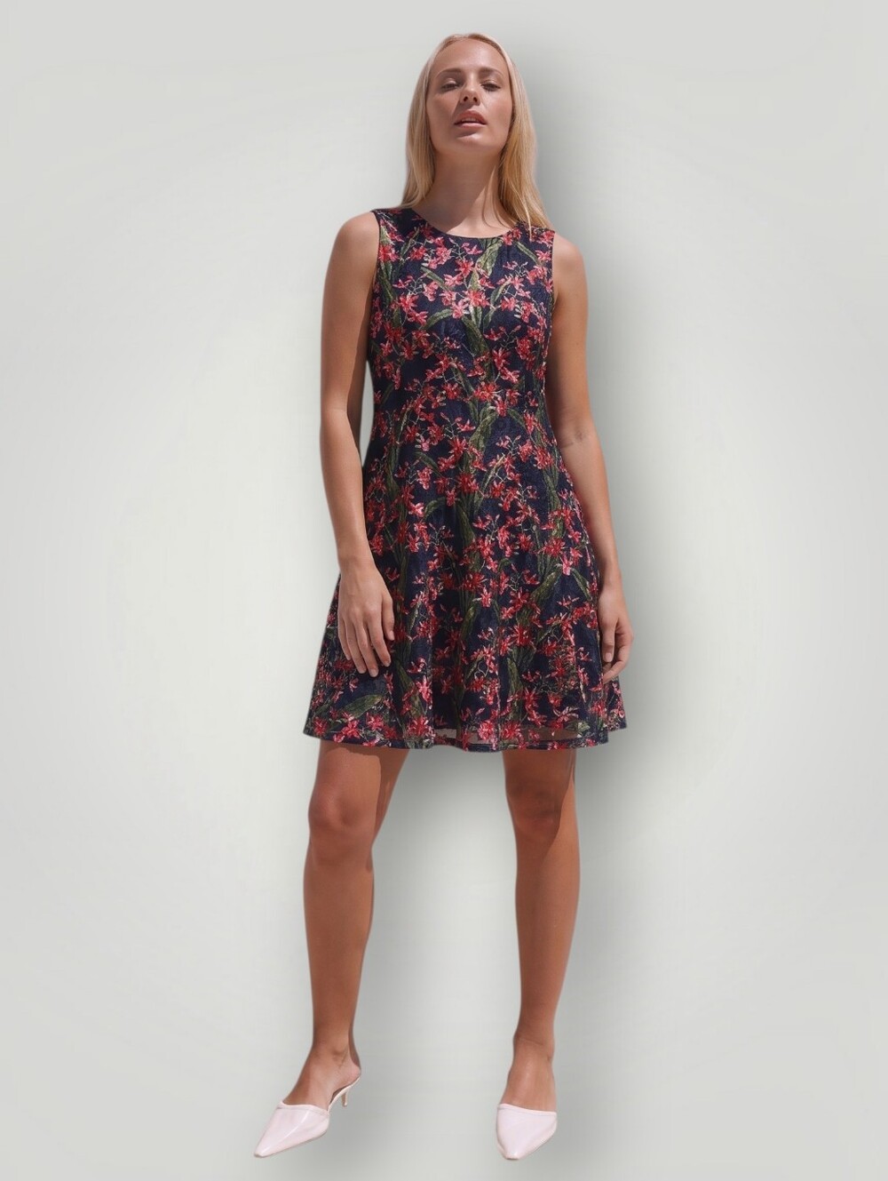 Tommy Hilfiger 2 Navy Floral Lace A-Line Dress Orchid Print Sleeveless New